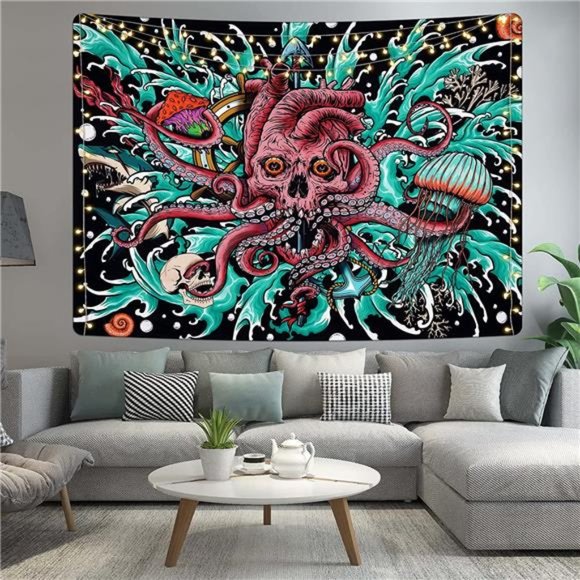 Lyacmy Skull Tapestry Hippie Octopus Tapestries Animal Tapestry Mushroom Whale
